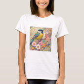 Grote Tit Chickadee Bird Kleurrijke Bloemen Bloeme T-shirt (Voorkant)