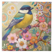 Grote Tit Chickadee Bird Kleurrijke Bloemen Bloeme Tegeltje (Voorkant)