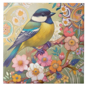 Grote Tit Chickadee Bird Kleurrijke Bloemen Bloeme Tegeltje