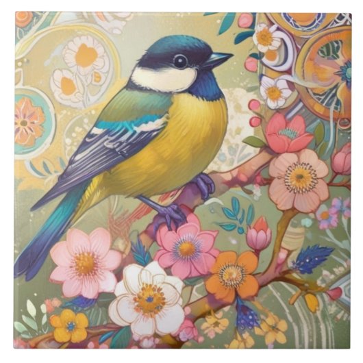 Grote Tit Chickadee Bird Kleurrijke Bloemen Bloeme Tegeltje (Voorkant)