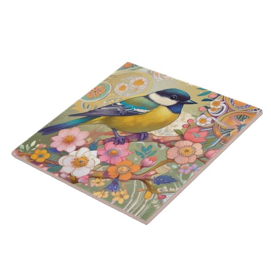 Grote Tit Chickadee Bird Kleurrijke Bloemen Bloeme Tegeltje (Zijkant)