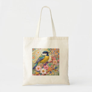 Grote Tit Chickadee Bird Kleurrijke Bloemen Bloeme Tote Bag