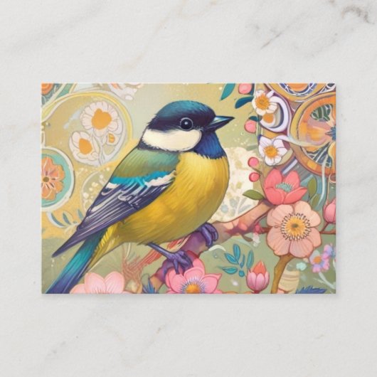 Grote Tit Chickadee Bird Kleurrijke Bloemen Bloeme Visitekaartje (Voorkant)