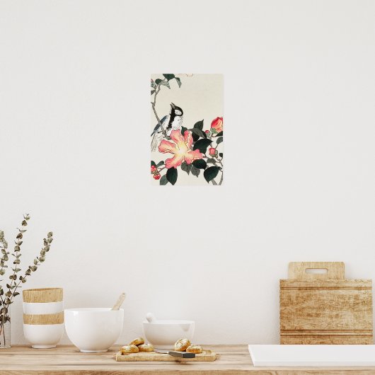 Grote Tit op roze bloemen door Ohara Koson Poster (Keuken)