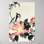 Grote Tit op roze bloemen door Ohara Koson Poster (Voorkant)