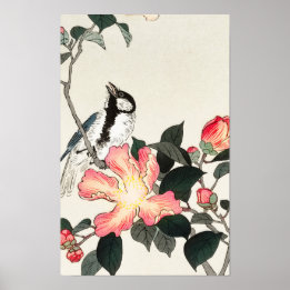 Grote Tit op roze bloemen door Ohara Koson Poster