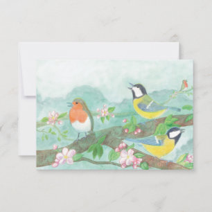 Grote Tit Vogels Zingen op een Bloeiende Boom Bedankkaart
