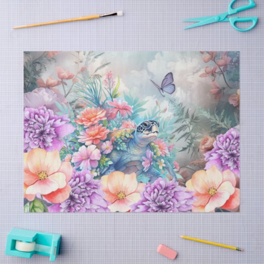 Grote Tropische Zee Schildpad & Waterverf Bloemen Tissuepapier (Craft)