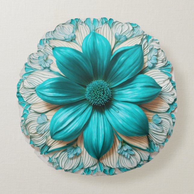 Grote Turquoise Bloem in Hyperrealistische Clipart Rond Kussen (Voorkant)