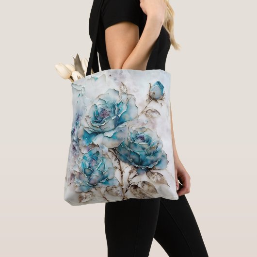 Grote Turquoise en Gouden Rozen Tote Bag (Dichtbij)