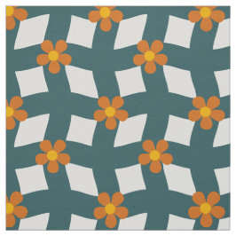 Grote Turquoise Sinaasappel Bloemen Grid Katoen Tw Stof