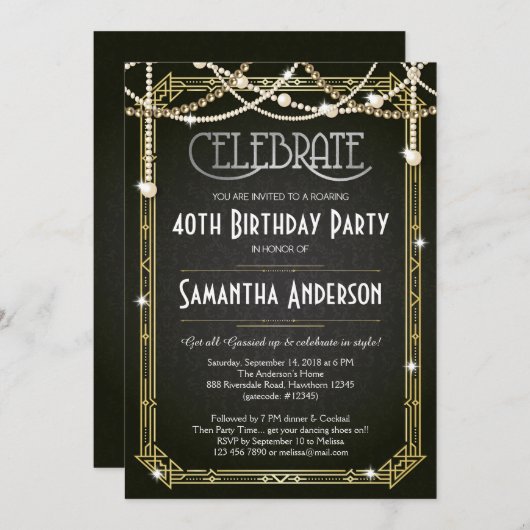 Grote uitnodiging van Gatsby Birthday / Art Deco-u (Voorkant / Achterkant)