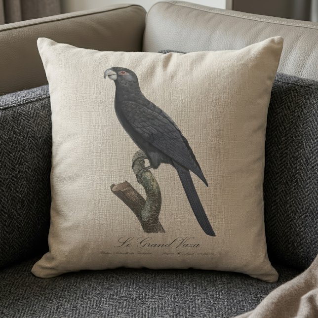Grote Vasapapegaai, Coracopsis Vasa Illustratie Kussen (Greater Vasa Parrot, Coracopsis Vasa Illustration. Throw Pillow)