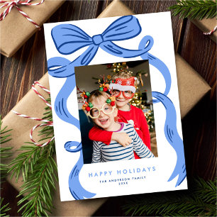 Grote Vet Felblauwe Strik Kerst Foto Feestdagenkaart
