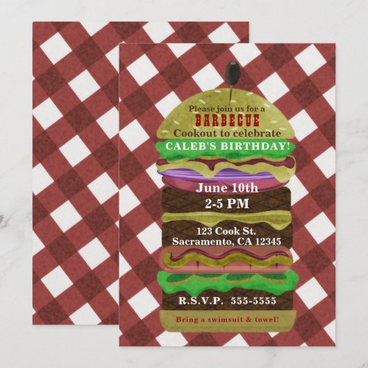 Grote Vette Hamburger Zomer Cookout Rode Uitnodigi Kaart (Voorkant / Achterkant)