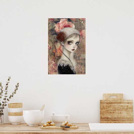 Grote Victoriaans Gotische Meisje & Bloemen Poster (Keuken)