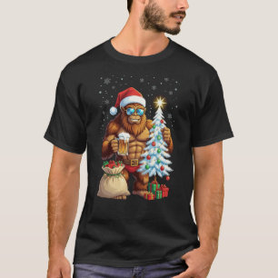 Grote Voet Sasquatch In Santa Hoed Drinkt Bier Ker T-shirt