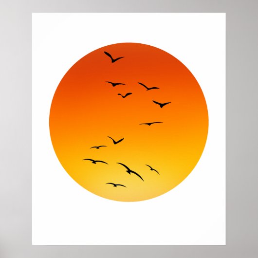 Grote vogelkudde vliegt naar een gloeiende zon. poster (Voorkant)