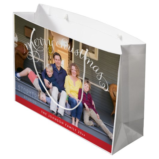 Grote vrolijke kerstfoto groot cadeauzakje (Achterkant Gekanteld)