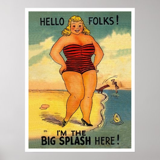 Grote vrouw op het strand, grappige vintage poster (Voorkant)