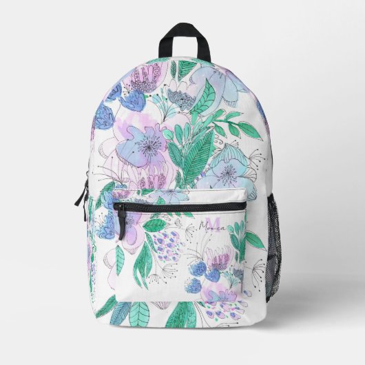 Grote Waterverf Doodle Blossoms en Bladeren Bedrukte Rugzak (Voorkant)