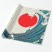 GROTE WAVE EN RODE ZON Blauw Wit Nautisch Cadeaupapier (Uitgerold)