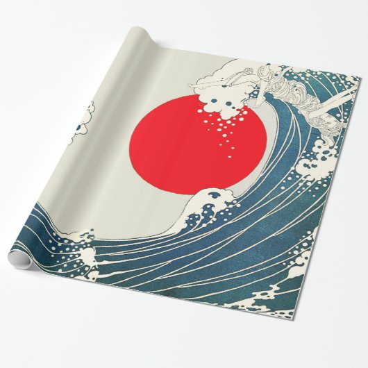GROTE WAVE EN RODE ZON Blauw Wit Nautisch Cadeaupapier (Uitgerold)