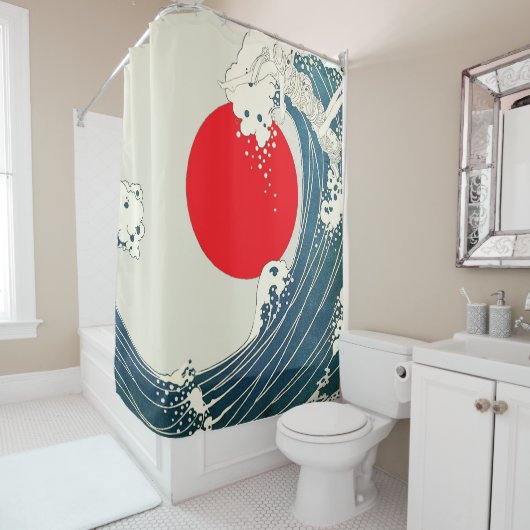 GROTE WAVE EN RODE ZON Blauw Wit Nautisch Douchegordijn (In situ)