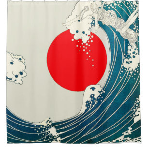 GROTE WAVE EN RODE ZON Blauw Wit Nautisch Douchegordijn