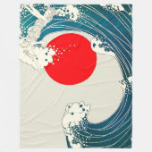 GROTE WAVE EN RODE ZON Blauw Wit Nautisch Fleece Deken (Voorkant)