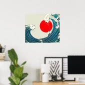 GROTE WAVE EN RODE ZON Blauw Wit Nautisch Poster (Thuiskantoor)