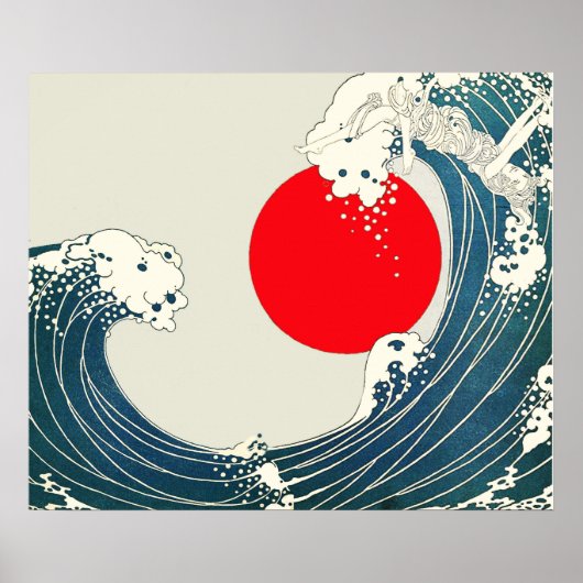 GROTE WAVE EN RODE ZON Blauw Wit Nautisch Poster (Voorkant)