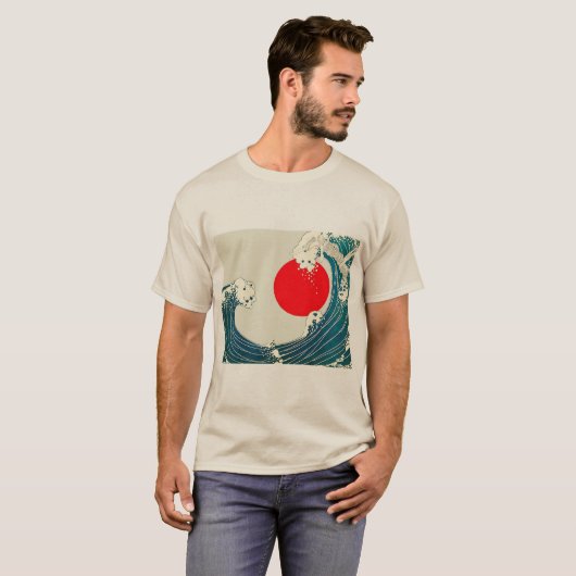 GROTE WAVE EN RODE ZON Blauw Wit Nautisch T-shirt (Voorkant volledig)
