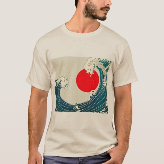 GROTE WAVE EN RODE ZON Blauw Wit Nautisch T-shirt (Voorkant)