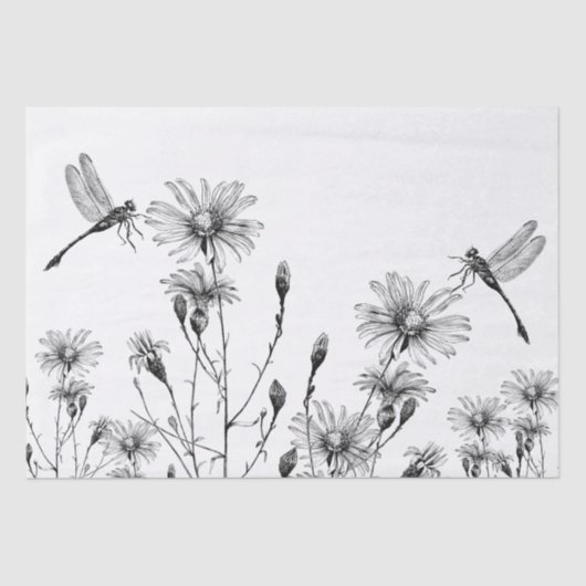 GROTE Wildflower Dragonfly Decoupage Zwart Wit Tissuepapier (Voorkant)