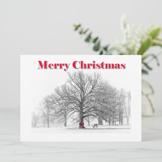 Grote winterscène Rode strik Kerst Kaart (Flat) (Staand voorkant)