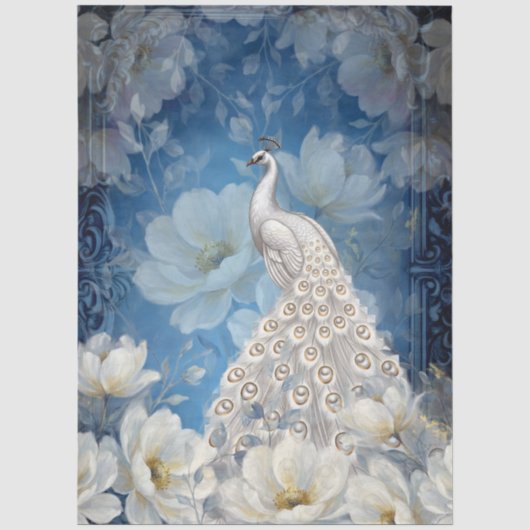 Grote Witte Bloemrijke Pauw Decoupage Tissuepapier (Voorkant)