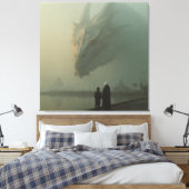 Grote Witte Draak boven nevelige stadskade Canvas Afdruk (Insitu (Slaapkamer))