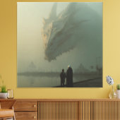 Grote Witte Draak boven nevelige stadskade Canvas Afdruk (Insitu (Woonkamer))