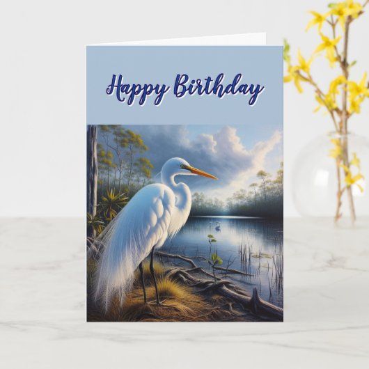 Grote Witte Egret Vogel Verjaardag Kaart (Gele Bloem)