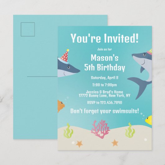 Grote witte haai Cartoon Party Petten Uitnodiging Briefkaart (Voorkant / Achterkant)