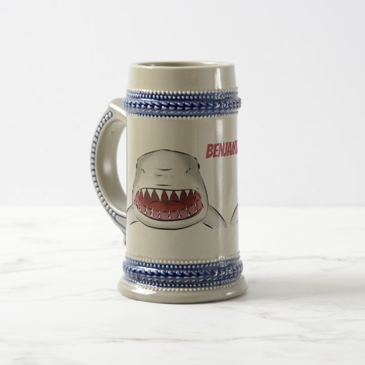 Grote witte haai gemiddelde cartoon illustratie bierpul (Voorkant links)