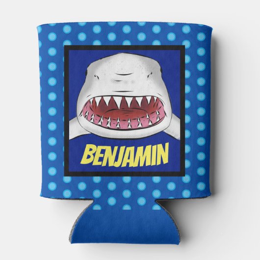 Grote witte haai gemiddelde cartoon illustratie blikjeskoeler (Achterkant)