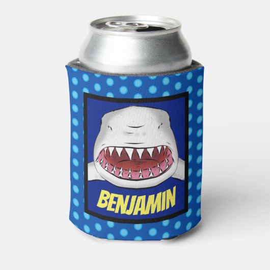 Grote witte haai gemiddelde cartoon illustratie blikjeskoeler (Blikje Achterkant)