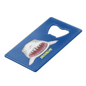 Grote witte haai gemiddelde cartoon illustratie creditkaart flessenopener (Voorkant Gekanteld)