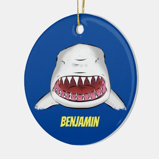 Grote witte haai gemiddelde cartoon illustratie keramisch ornament (Links)