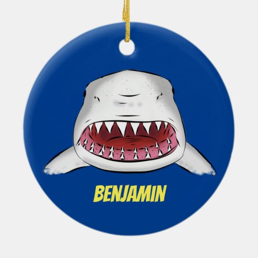 Grote witte haai gemiddelde cartoon illustratie keramisch ornament (Achterkant)