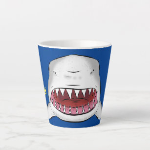 Grote witte haai gemiddelde cartoon illustratie latte mok