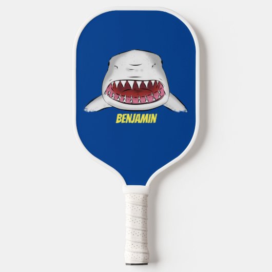 Grote witte haai gemiddelde cartoon illustratie pickleball paddle (Voorkant)
