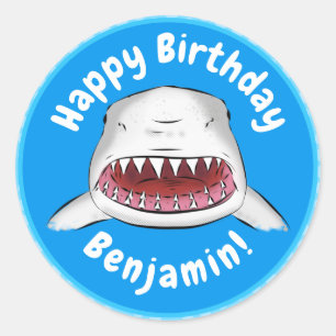 Grote witte haai gemiddelde cartoon illustratie ronde sticker